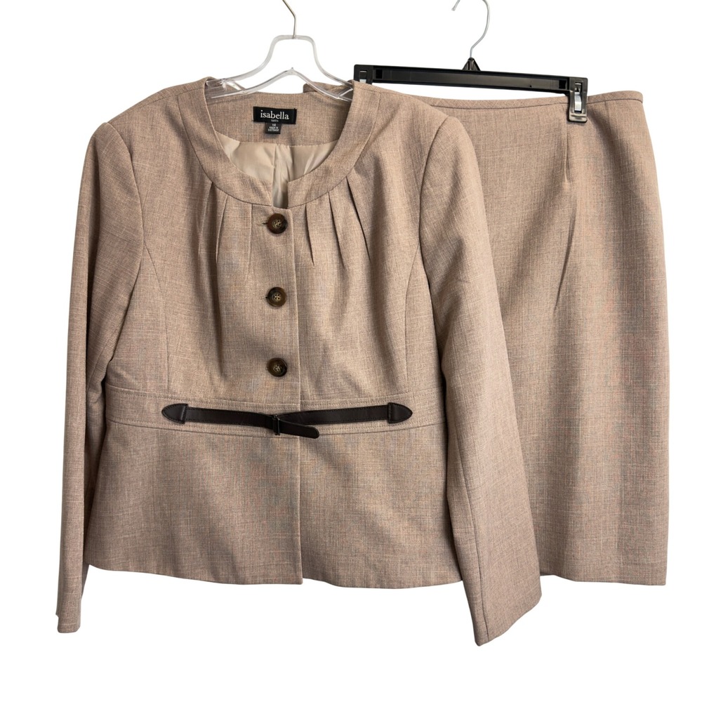 Isabella Suits Tan Textured 2 Piece Skirt Suit Set Size 14 Pleated Jacket Pencil